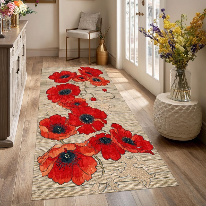 Commercial Kitchen Background - Light Linen Background Red Poppy Floral